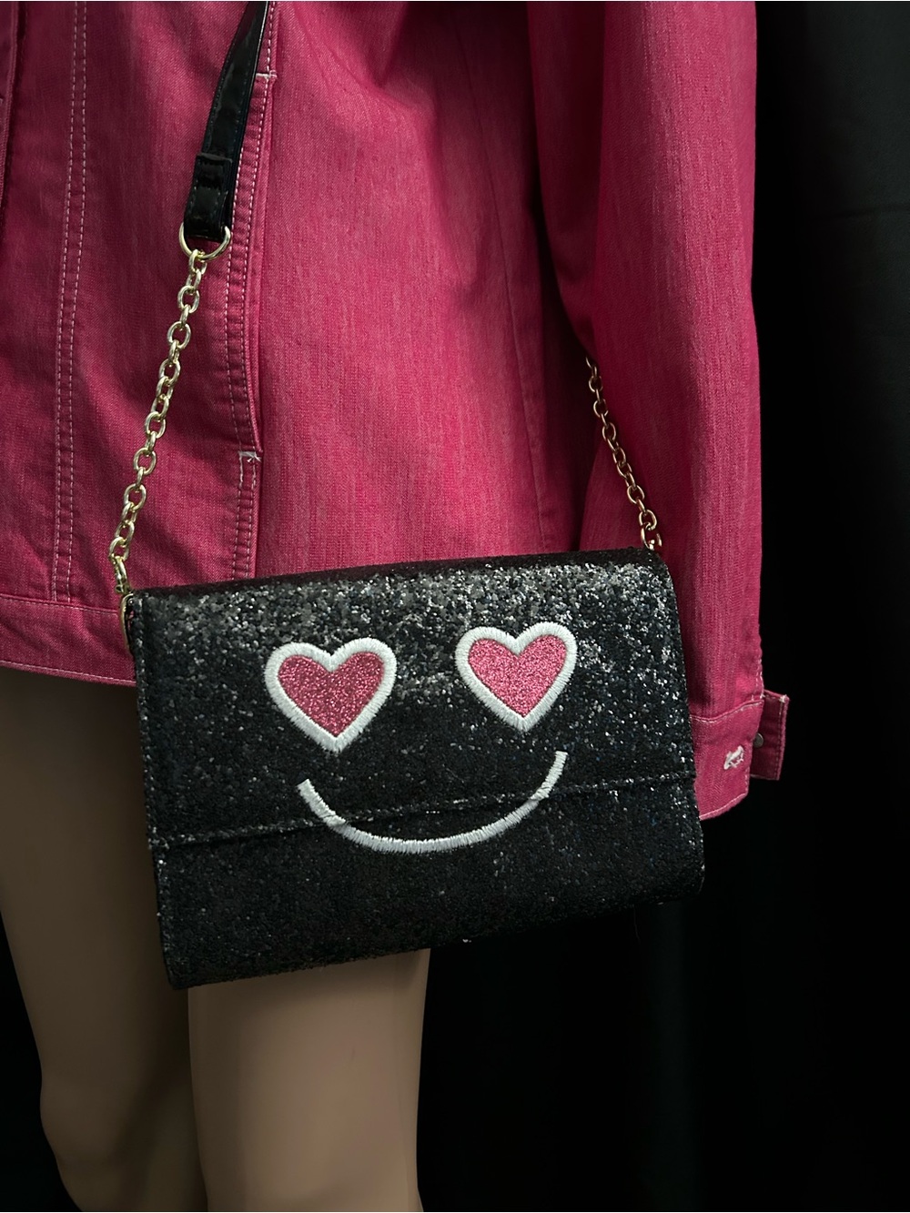 Betsey Johnson Black Glitter Heart-Eyes Crossbody Bag Striped Inside